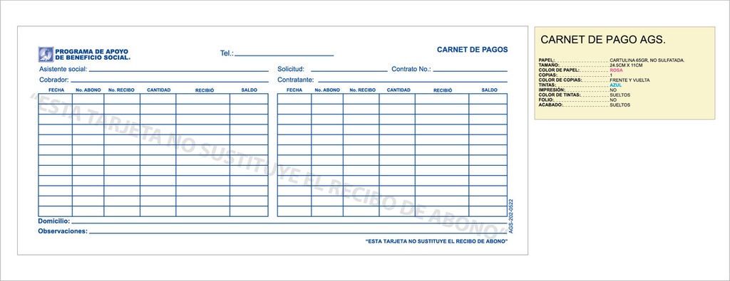 Carnet de pago rosa tinta azul
