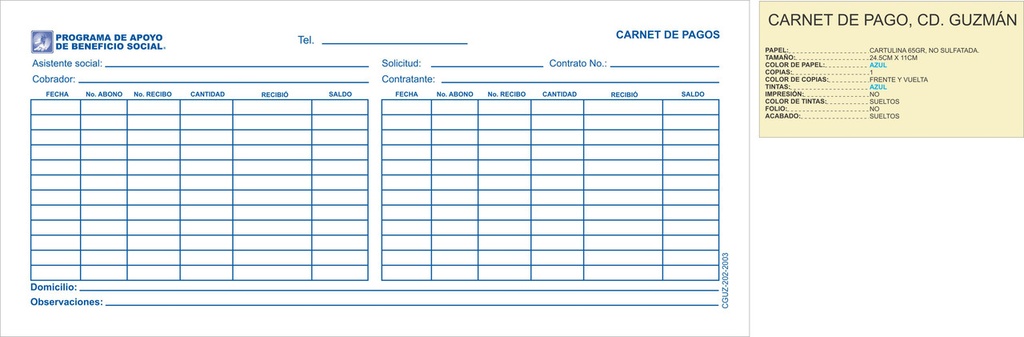 Carnet de pago papel azul tinta azul