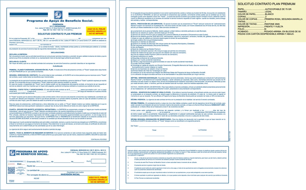 Solicitud contrato plan premium Exequial tinta azul