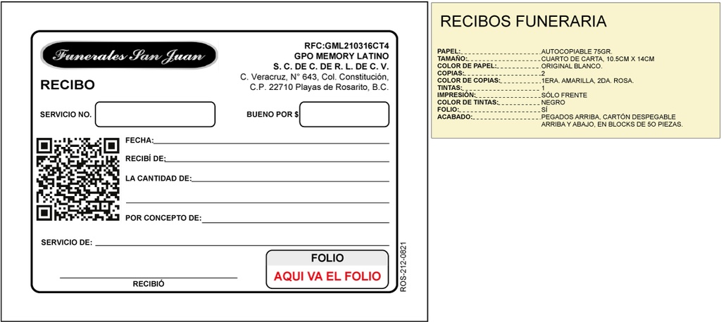 Recibo funeraria memory latino