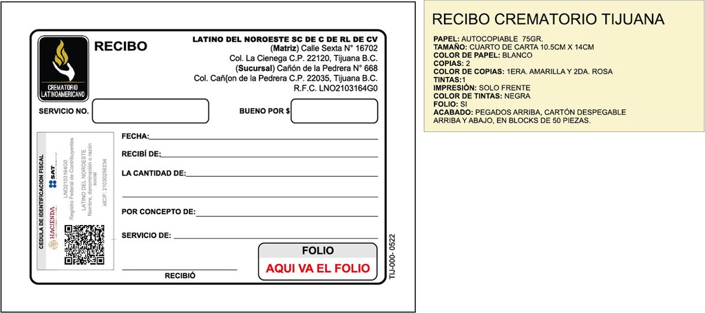 Recibo de Crematorio Latino del Noroeste