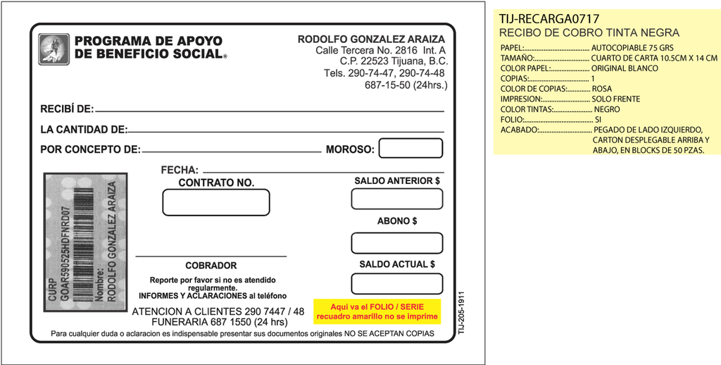 Recibo de cobro Rodolfo Gonzalez