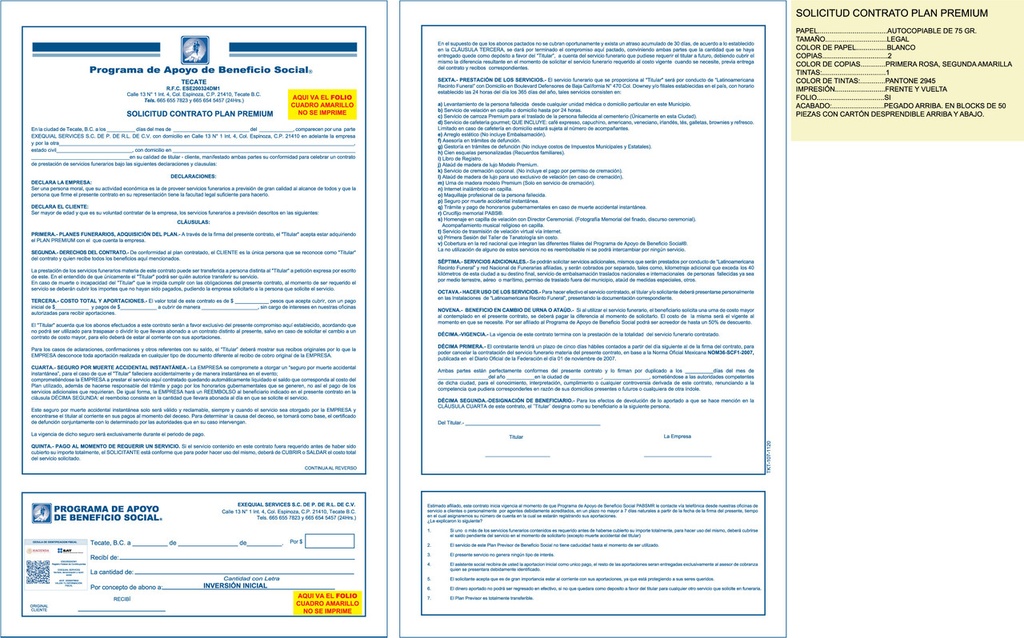 Solicitud contrato plan premium Exequial tinta azul