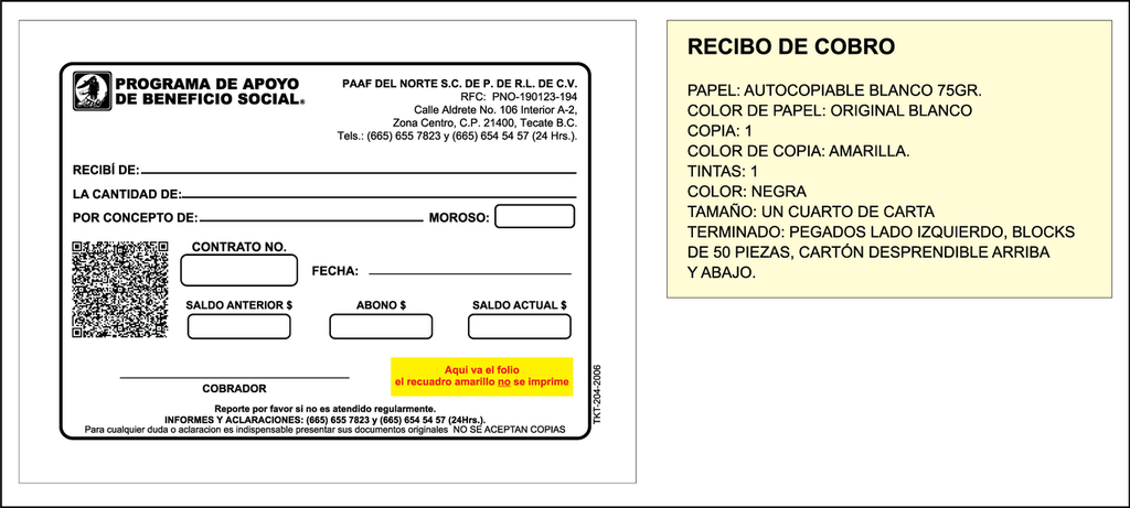 Recibo de cobro PAAF del norte tinta negra