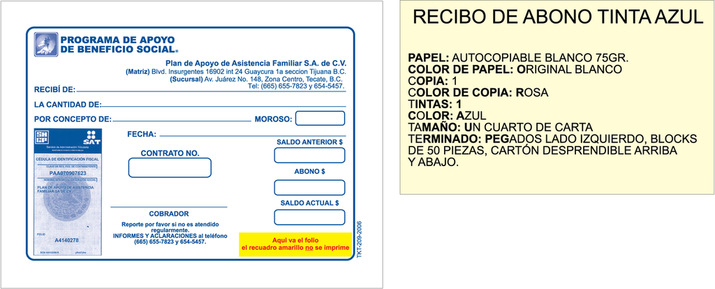 Recibos de abono tinta azul