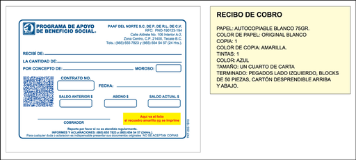 [TKT-202] Recibo de cobro PAAF del norte tinta azul