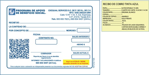 [TKT-212] Recibo de abono Exequial tinta azul